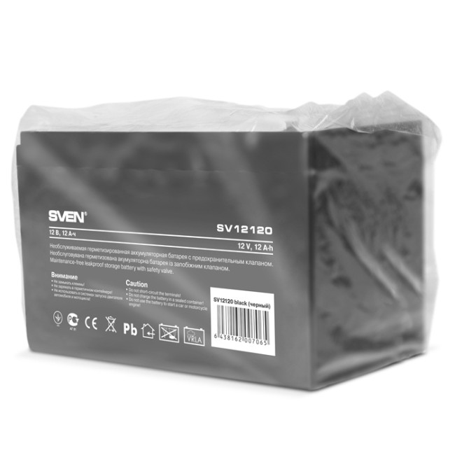 Батарея SVEN SV 12120 (12V 12Ah), напряжение 12В, емкость 12А*ч, макс. ток разряда 180А, макс. ток заряда 3.6А, свинцово-кислотная типа AGM, тип клемм F2 Sven SV-0222012