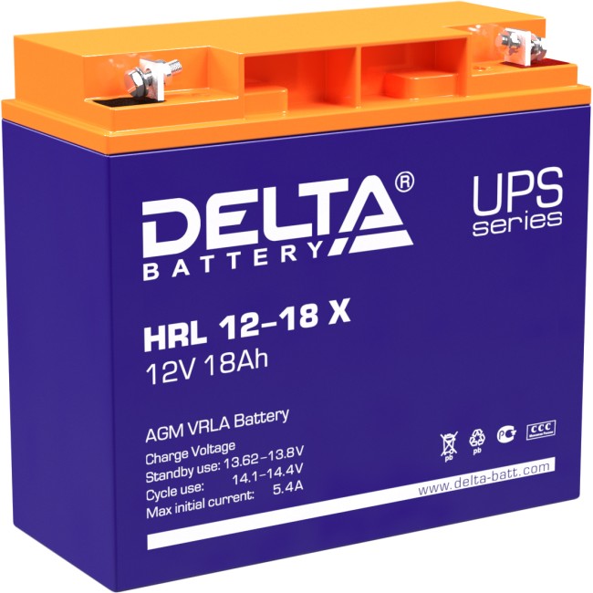 Батарея DELTA серия HRL-X, HRL 12-18 X, напряжение 12В, емкость 18Ач (разряд 10 часов), макс. ток разряда (5 сек.) 230А, макс. ток заряда 5.4А, свинцово-кислотная типа AGM, клеммы под гайку и болт M6, ДxШxВ 181х77х167мм., вес 6.2кг., срок службы 12 лет. Батарея DELTA серия HRL-X, HRL 12-18 X, напряжение 12В, емкость 18Ач (разряд 10 часов), макс. ток разряда (5 сек.) 230А, макс. ток заряда 5.4А, свинцово-кислотная типа AGM, клеммы под гайку и болт M6, ДxШxВ 181х77х167мм., вес 6.2кг., срок службы 12 лет.