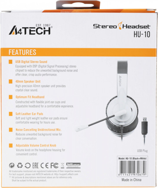 Наушники с микрофоном A4Tech HU-10/USB/BLACK+WHITE Наушники с микрофоном A4Tech HU-10/USB/BLACK+WHITE