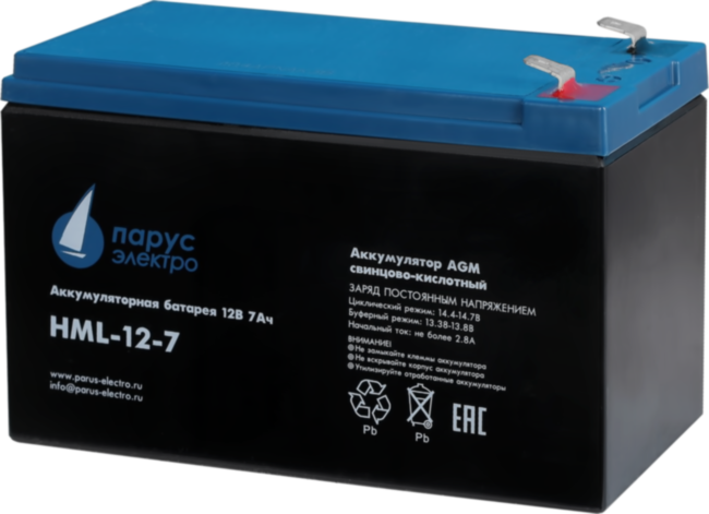 Батарея Парус Электро, профессиональная серия HML-12-7, напряжение 12В, емкость 7.2Ач (разряд 20 часов), макс. ток разряда (5сек) 140А, макс. ток заряда 2.8А, свинцово-кислотная типа AGM, клеммы F2, ДхШхВ 151х65х94мм., полная высота с клеммами 101мм., вес Батарея Парус Электро, профессиональная серия HML-12-7, напряжение 12В, емкость 7.2Ач (разряд 20 часов), макс. ток разряда (5сек) 140А, макс. ток заряда 2.8А, свинцово-кислотная типа AGM, клеммы F2, ДхШхВ 151х65х94мм., полная высота с клеммами 101мм., вес