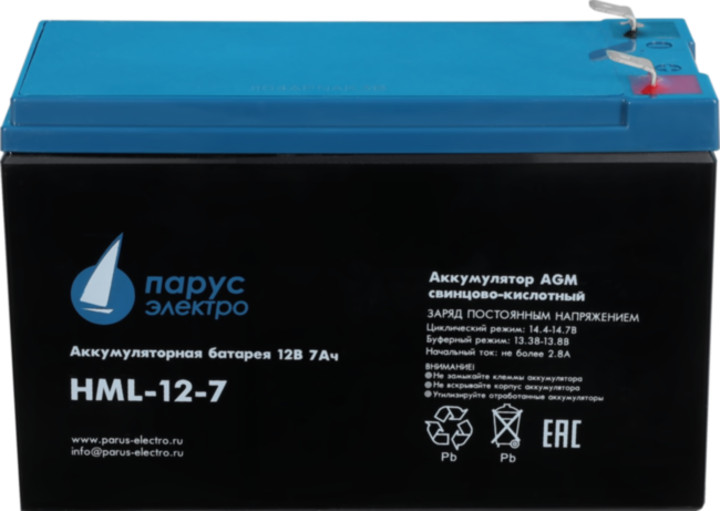 Батарея Парус Электро, профессиональная серия HML-12-7, напряжение 12В, емкость 7.2Ач (разряд 20 часов), макс. ток разряда (5сек) 140А, макс. ток заряда 2.8А, свинцово-кислотная типа AGM, клеммы F2, ДхШхВ 151х65х94мм., полная высота с клеммами 101мм., вес Батарея Парус Электро, профессиональная серия HML-12-7, напряжение 12В, емкость 7.2Ач (разряд 20 часов), макс. ток разряда (5сек) 140А, макс. ток заряда 2.8А, свинцово-кислотная типа AGM, клеммы F2, ДхШхВ 151х65х94мм., полная высота с клеммами 101мм., вес