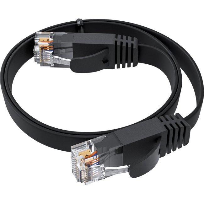 GCR Патч-корд 1.0m PROF плоский прямой кат.7 ethernet, медь, черный, RJ45, T568B Greenconnect GCR-53076 кат.7, 1 м
