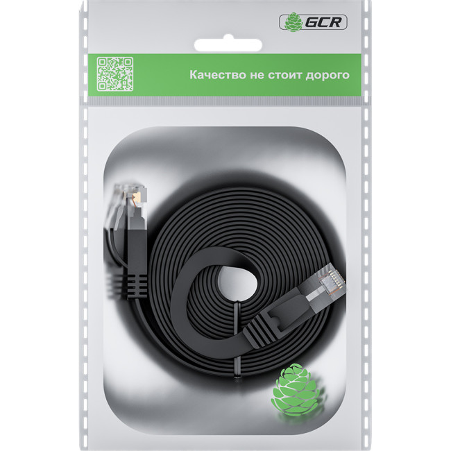 GCR Патч-корд 1.0m PROF плоский прямой кат.7 ethernet, медь, черный, RJ45, T568B Greenconnect GCR-53076 кат.7, 1 м