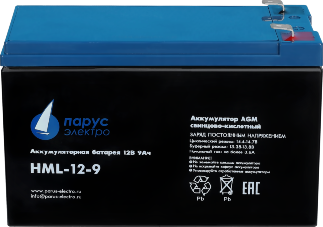 Батарея Парус Электро, профессиональная серия HML-12-9, напряжение 12В, емкость 9Ач (разряд 20 часов), макс. ток разряда (5сек) 135А, макс. ток заряда 3.6А, свинцово-кислотная типа AGM, клеммы F2, ДхШхВ 151х65х94мм., полная высота с клеммами 101мм., вес 2