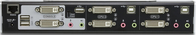 Переключатель, электрон., KVM+Audio+USB 2.0,  1 user USB+2xDVI =>  2 cpu USB+4xDVI, со шнурами USB/DVI Dual Link 2х1.8м.+DVI Dual Link 2х1.8м., 2560x1600, настол., исп.спец.шнуры, без OSD, некаскад, ATEN CS1642A