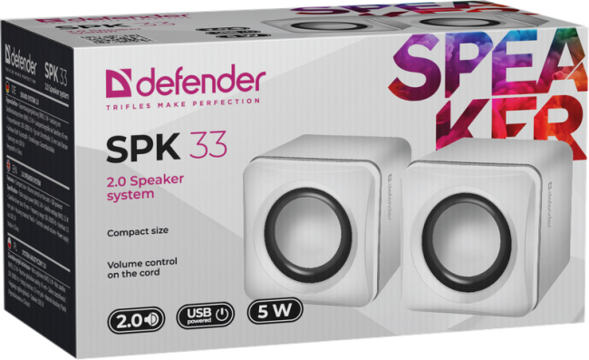 Defender#1 Акустическая 2.0 система SPK 33 белый, 5 Вт, питание от USB Defender 65631 Defender#1 Акустическая 2.0 система SPK 33 белый, 5 Вт, питание от USB Defender 65631