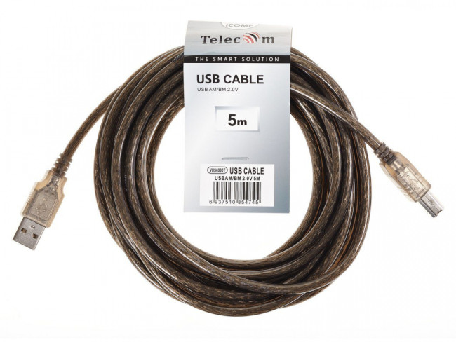 Кабель USB2.0 AM/BM 5m прозрачная изоляция Telecom (VUS6900T-5M) Telecom USB 2.0 Type-AM - USB 2.0 Type-BM 5м