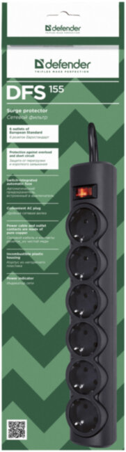 Сетевой фильтр Defender DFS 155 5 м, черный, 6 розеток Defender DFS 155 (5 м, 6 розеток)
