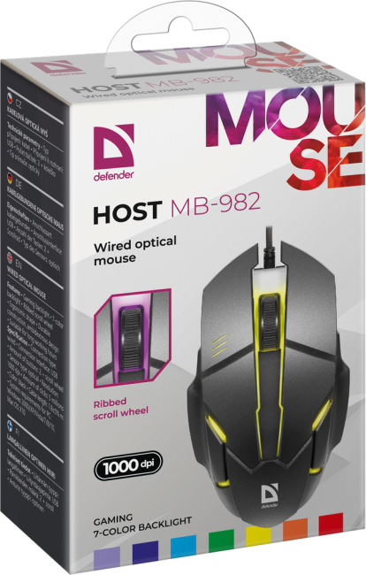 Defender Проводная оптическая мышь Host MB-982 7цветов,1000 dpi,черный Defender Host MB-982