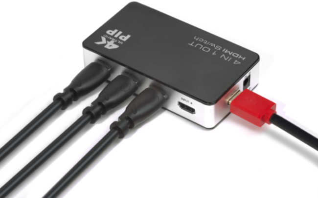 Greenconnect Переключатель 4->1 HDMI 4K/30HZ, PIP(картинка в картинке) , пульт ДУ, БП серия Greenline GL-v401P Greenconnect Переключатель Greenline HDMI 4 к 1 + PIP + доп питание