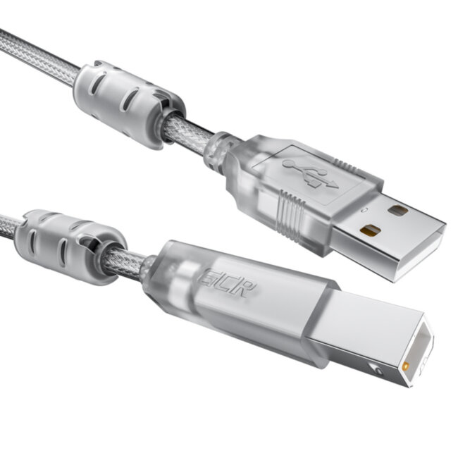 GCR Кабель PROF 5.0m USB 2.0, AM/BM, прозрачный, ферритовые кольца, 28/24 AWG, экран, армированный, морозостойкий, GCR-52426 Greenconnect USB 2.0 Type-AM - USB 2.0 Type-BM 5м