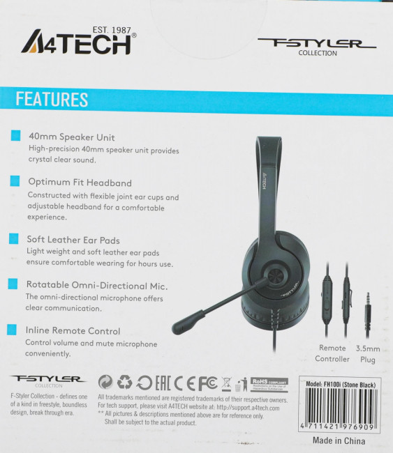 Наушники с микрофоном A4Tech FH100I (STONE BLACK) Наушники с микрофоном A4Tech FH100I (STONE BLACK)