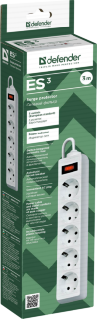 Сетевой фильтр Defender ES 3 3 м, белый, 5 розеток Defender ES 3 White (3 м, 5 розеток) Сетевой фильтр Defender ES 3 3 м, белый, 5 розеток Defender ES 3 White (3 м, 5 розеток)