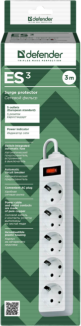 Сетевой фильтр Defender ES 3 3 м, белый, 5 розеток Defender ES 3 White (3 м, 5 розеток) Сетевой фильтр Defender ES 3 3 м, белый, 5 розеток Defender ES 3 White (3 м, 5 розеток)
