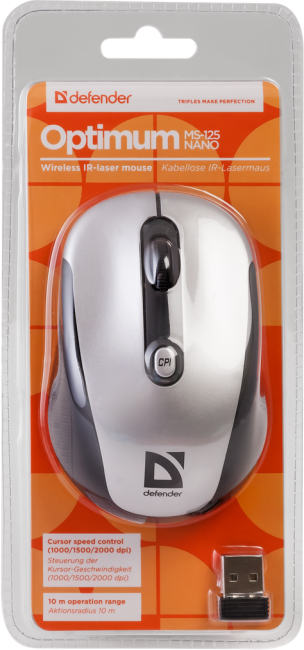 Defender Беспроводная IR-лазерная мышь Optimum MS-125 серый,4 кнопки,1000-2000 dpi USB Defender Optimum MS-125 серый