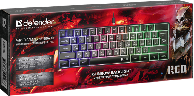 Defender Проводная игровая клавиатура Red GK-116 RU,радужная подсветка,61кнопка Defender 45117