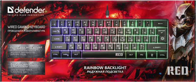 Defender Проводная игровая клавиатура Red GK-116 RU,радужная подсветка,61кнопка Defender 45117