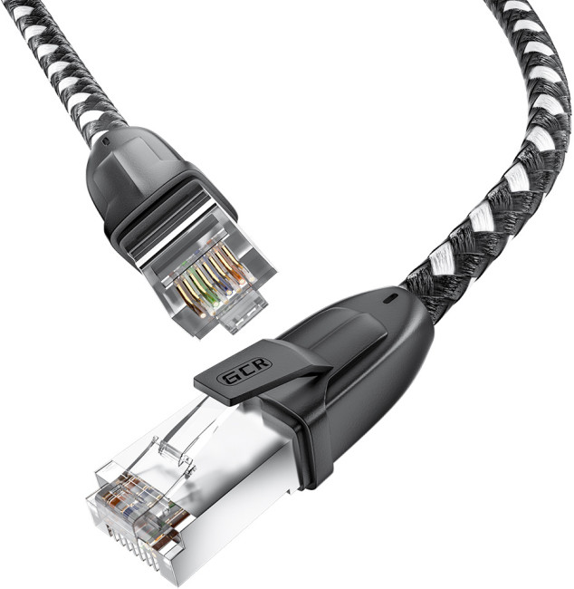 GCR Патч-корд PROF прямой 15.0m, UTP медь кат.6, STRONG черно-белый нейлон, ethernet high speed 10 Гбит/с, T568B, GCR-52781 Greenconnect RJ45(m) - RJ45(m) Cat. 6 15м черно-белый