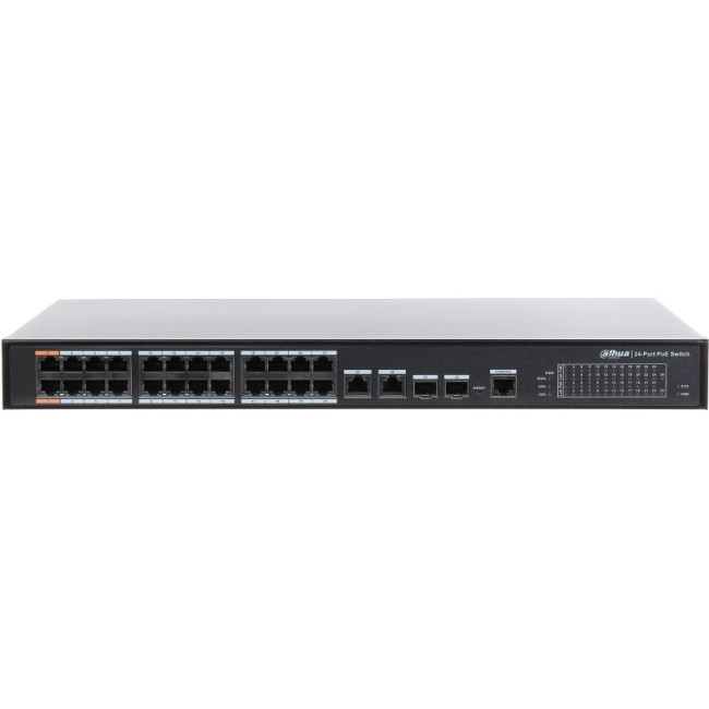 2xCombo 1000 Base-T/SFP 24x 10/100 Base-T（Hi-PoE/PoE+/PoE）IEEE802.3af/IEEE802.3at/Hi-PoE Мощность PoE  240Вт Размеры 440мм×300мм×44мм Dahua DH-PFS4226-24ET-240