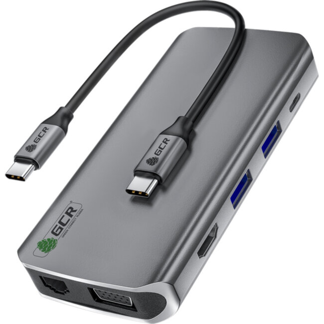 GCR TypeC Hub 10 в 1 HDMI + VGA + RJ45 + USB3.0 x3 + Card Reader + Audio + TypeC PD Greenconnect GCR-VHUSDA45