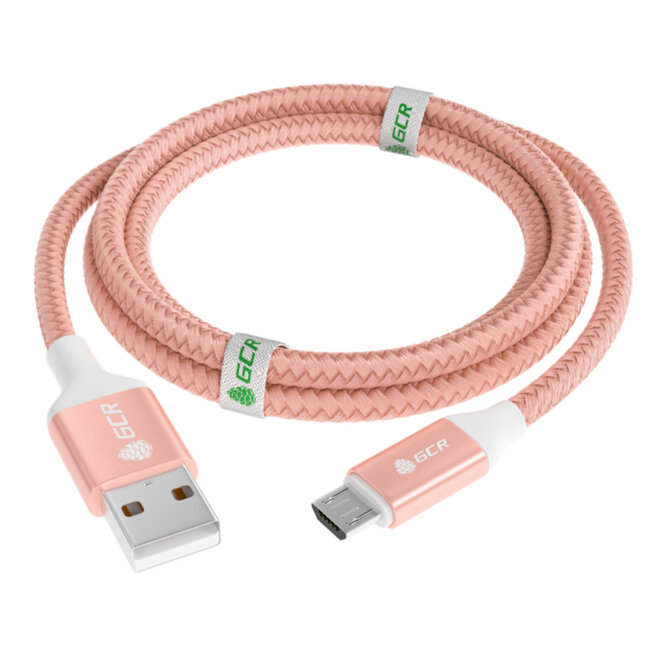 GCR QC Кабель 1.5m MicroUSB, быстрая зарядка, розовый нейлон, AL корпус розовый, белый ПВХ, 28/24 AWG, GCR-52474 Greenconnect USB 2.0 Type-AM - microUSB 2.0 (m) 1.5м