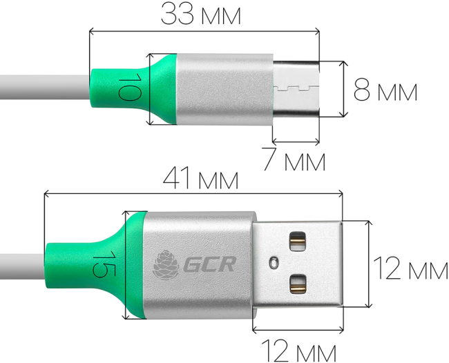 Greenconnect Кабель 0.5m USB 2.0, AM/CM, белый, алюминиевый корпус серебро, зеленый ПВХ, 28/28 AWG Greenconnect  USB 2.0 Type-AM - USB 2.0 Type-C (m) 0.5м