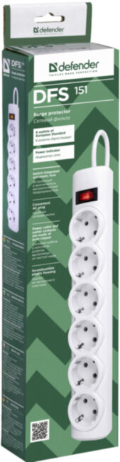 Сетевой фильтр Defender DFS 151 1,8 м, белый, 6 розеток Defender DFS 151 (1.8 м, 6 розеток)