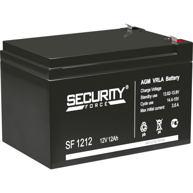 Батарея SECURITY FORCE серия SF, SF 1212, напряжение 12В, емкость 12Ач (разряд 20 часов),  макс. ток разряда (5 сек.) 16.2А, макс. ток заряда 3.6А, свинцово-кислотная типа AGM, клеммы F2, ДxШxВ 151х98х95мм., вес кг., срок службы 3-5 лет. Security Force SF