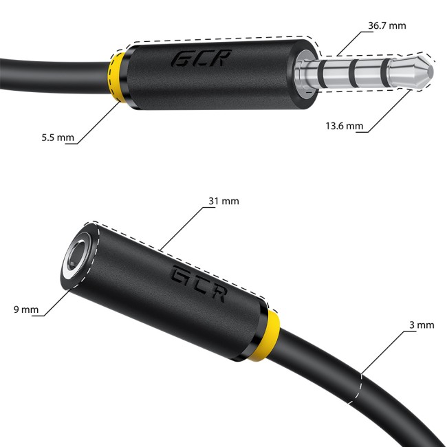 GCR Удлинитель для гарнитуры 0.15m jack 3,5mm/jack 3,5mm черный, желтая окантовка, 28AWG, M/F, GCR-53262 Greenconnect jack 3,5mm (m) - jack 3,5mm (f) 3.5  0.15м черный