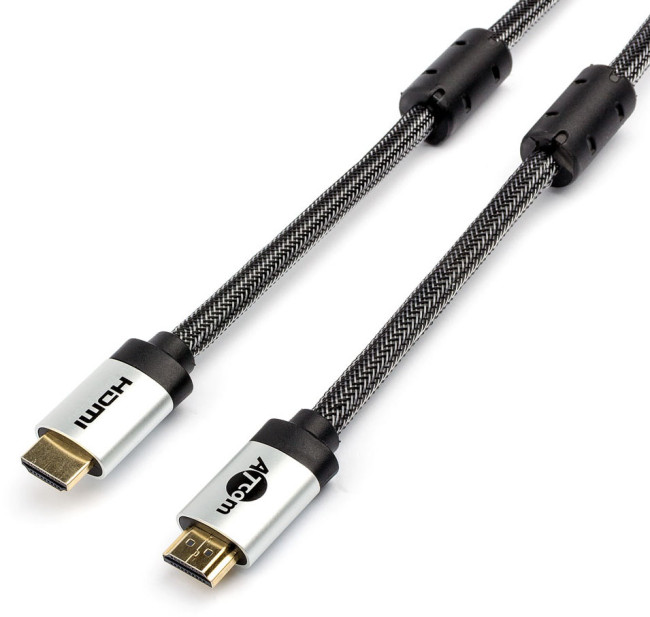 Кабель HDMI 15 м (HIGH speed, Metal gold, в чулке, в пакете) ATcom HDMI (m) - HDMI (m) 15 м