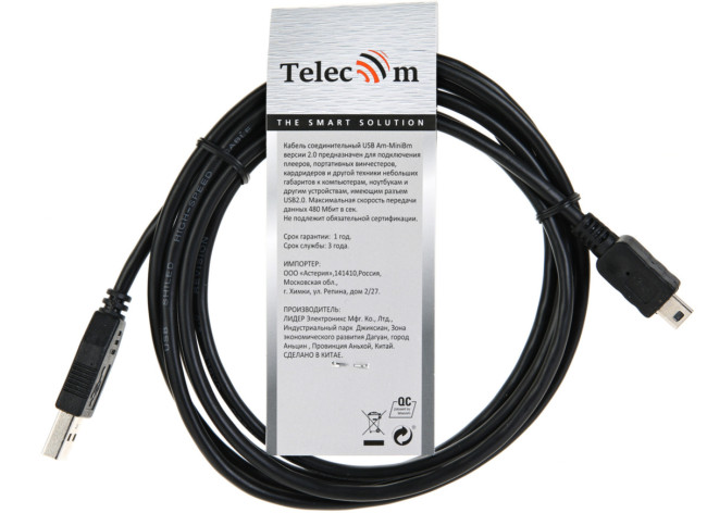 Кабель USB 2.0 A-->mini-B 5P (1,8м) чёрный TELECOM <TC6911BK-1.8M> Telecom USB 2.0 Type-AM - miniUSB 1.8м