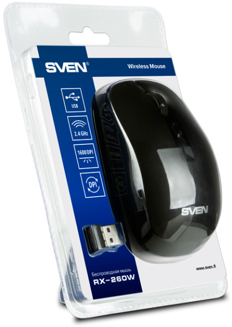 Беспроводная мышь SVEN RX-260W чёрная (2,4 GHz, 3+1кл. 800/1200/1600DPI, блист.) Sven RX-260W