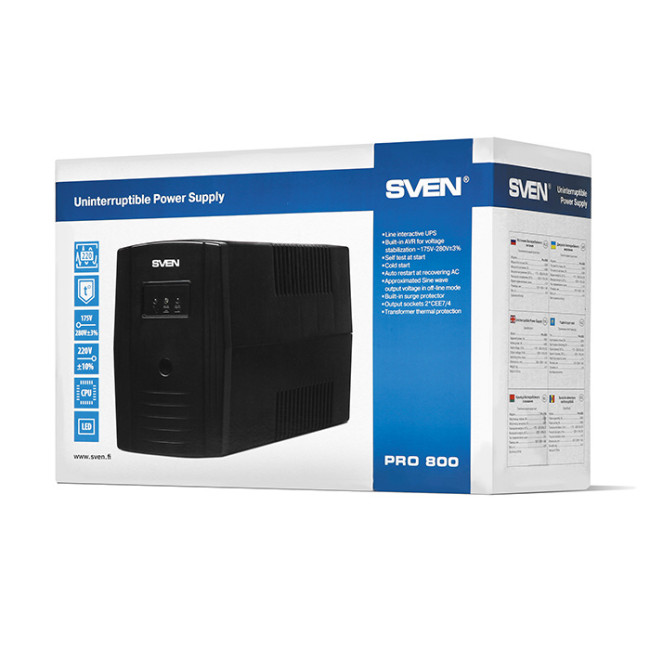 ИБП SVEN Pro 800, линейно-интерактивный, автоматический стабилизатор напряжения, 480Вт, 800Ва, 2 евророзетки Sven Pro 800