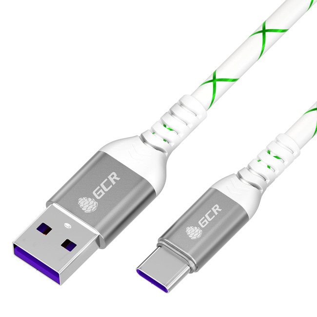 GCR Кабель 1.0m, TypeC, быстрая зарядка 18W, поддержка QC, PD, бело-зеленый, AL case серебро, 28/24 AWG, GCR-55288 Greenconnect GCR-55288