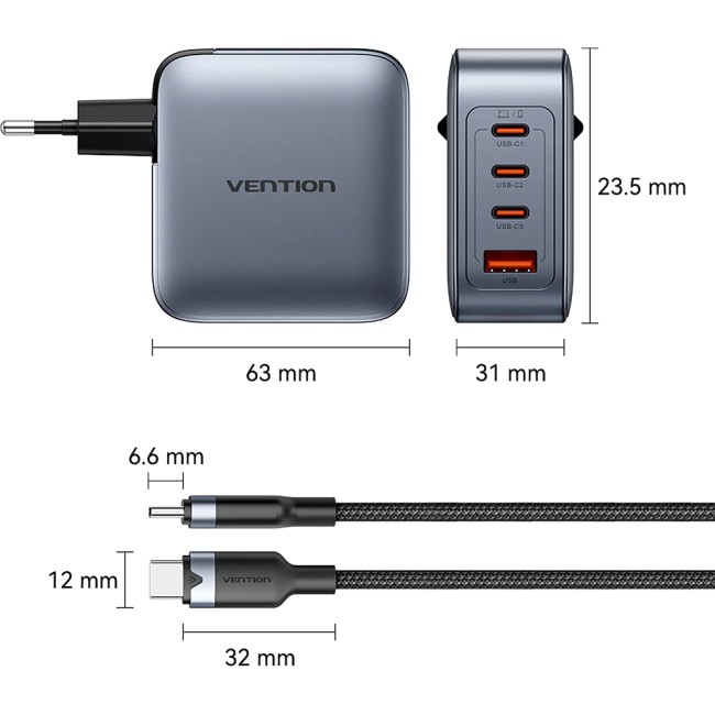 Набор Vention з/у на 4 порта GaN 100W USB (C+C+C+A) и кабель USB-C 5А Серый Vention TZ-FETH0-EU Набор Vention з/у на 4 порта GaN 100W USB (C+C+C+A) и кабель USB-C 5А Серый Vention TZ-FETH0-EU