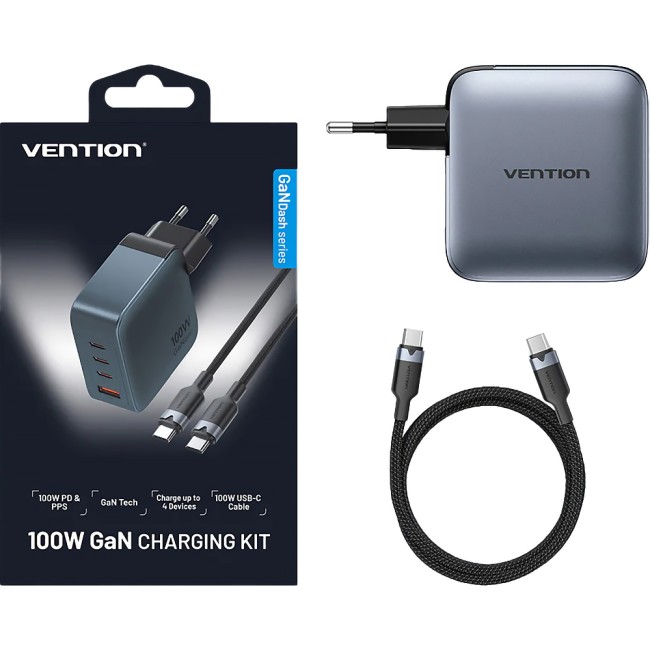 Набор Vention з/у на 4 порта GaN 100W USB (C+C+C+A) и кабель USB-C 5А Серый Vention TZ-FETH0-EU Набор Vention з/у на 4 порта GaN 100W USB (C+C+C+A) и кабель USB-C 5А Серый Vention TZ-FETH0-EU