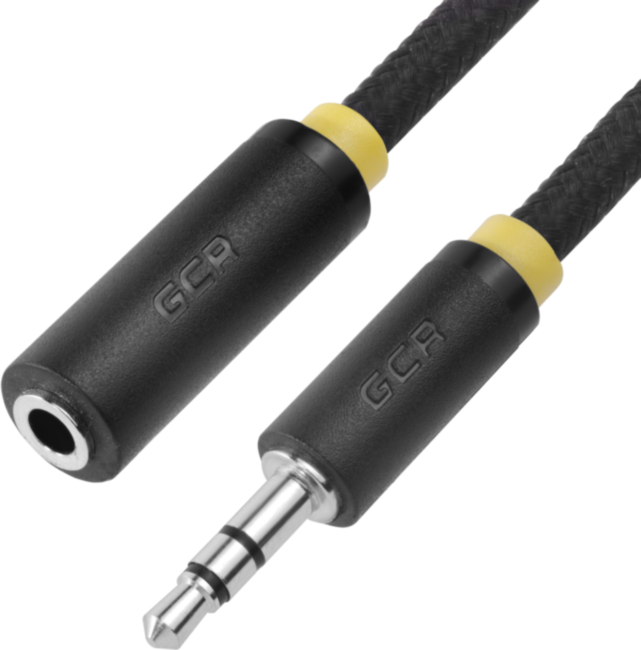Greenconnect Удлинитель аудио 0.5m jack 3,5mm/jack 3,5m нейлон, черный, желтая окантовка, ультрагибкий, 28 AWG, M/F, Premium GCR-STM8114-0.5m, экран, стерео Greenconnect 0.5m jack 3.5mm/jack 3.5m нейлон