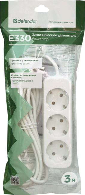 Удлинитель с заземлением Defender E330 3.0 м, 3 розетки (пакет) Defender E330 (3 м, 3 розетки)