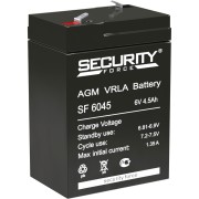 Батарея SECURITY FORCE серия SF, SF 6045, напряжение 6В, емкость 4.5Ач (разряд 20 часов), макс. ток заряда 1.35А, свинцово-кислотная типа AGM, клеммы F1, ДxШxВ 70х47х100мм., кг., срок службы 3-5 лет. Security Force SF 6045 (6V / 1Ah) Батарея SECURITY FORCE серия SF, SF 6045, напряжение 6В, емкость 4.5Ач (разряд 20 часов), макс. ток заряда 1.35А, свинцово-кислотная типа AGM, клеммы F1, ДxШxВ 70х47х100мм., кг., срок службы 3-5 лет. Security Force SF 6045 (6V / 1Ah)
