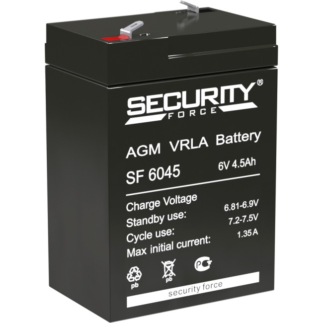 Батарея SECURITY FORCE серия SF, SF 6045, напряжение 6В, емкость 4.5Ач (разряд 20 часов), макс. ток заряда 1.35А, свинцово-кислотная типа AGM, клеммы F1, ДxШxВ 70х47х100мм., кг., срок службы 3-5 лет. Security Force SF 6045 (6V / 1Ah) Батарея SECURITY FORCE серия SF, SF 6045, напряжение 6В, емкость 4.5Ач (разряд 20 часов), макс. ток заряда 1.35А, свинцово-кислотная типа AGM, клеммы F1, ДxШxВ 70х47х100мм., кг., срок службы 3-5 лет. Security Force SF 6045 (6V / 1Ah)
