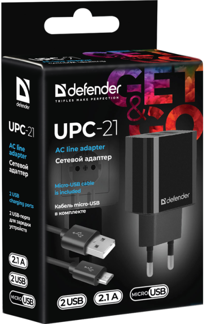 Defender Сетевой адаптер UPC-21 2xUSB,5V/2.1А кабель microUSB Defender 83581 Defender Сетевой адаптер UPC-21 2xUSB,5V/2.1А кабель microUSB Defender 83581