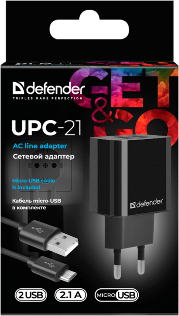 Defender Сетевой адаптер UPC-21 2xUSB,5V/2.1А кабель microUSB Defender 83581 Defender Сетевой адаптер UPC-21 2xUSB,5V/2.1А кабель microUSB Defender 83581