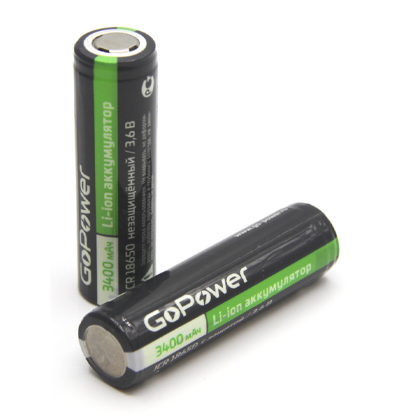 Аккумулятор Li-ion GoPower 18650 (Pan. NCR18650B) PC1 3.6V 3400mAh без защиты плос.конт. (1/96/192) Аккумулятор Li-ion GoPower 18650 (Pan. NCR18650B) без защиты с плоским контактом (00-00015349)