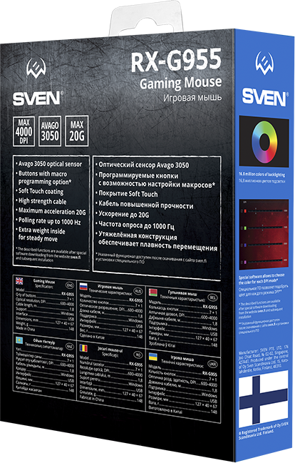 Игровая мышь SVEN RX-G955 USB (7+1кл. 200-4000 DPI, ПО, Soft Touch, подсветка) Sven RX-G955