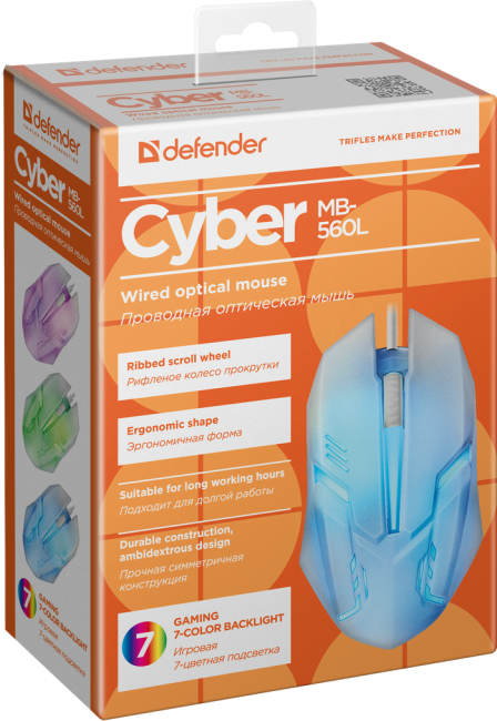 Defender Проводная оптическая мышь Сyber MB-560L 7цветов,3кнопки,1200dpi,белый Defender Сyber MB-560L белый