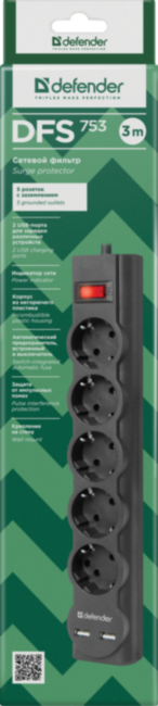 Сетевой фильтр Defender DFS 753 3,0 м, 5 розеток, 2xUSB, 2.1A Defender DFS 753 (3 м, 5 розеток) Сетевой фильтр Defender DFS 753 3,0 м, 5 розеток, 2xUSB, 2.1A Defender DFS 753 (3 м, 5 розеток)