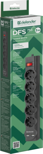Сетевой фильтр Defender DFS 753 3,0 м, 5 розеток, 2xUSB, 2.1A Defender DFS 753 (3 м, 5 розеток) Сетевой фильтр Defender DFS 753 3,0 м, 5 розеток, 2xUSB, 2.1A Defender DFS 753 (3 м, 5 розеток)