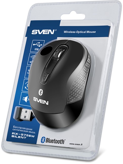 Беспроводная мышь SVEN RX-575SW чёрная (бесш. кл., Bluetooth, 2,4 GHz, 3+1кл. 800-1600DPI, блист.) Sven RX-575SW
