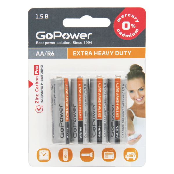 Батарейка GoPower R6 AA BL4 Heavy Duty 1.5V (4/48/576) блистер (4 шт.) Батарейка GoPower R6 AA (00-00015594)