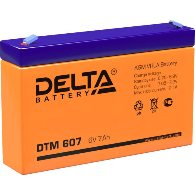 Батарея DELTA серия DTM, DTM 607, напряжение 6В, емкость 7Ач (разряд 20 часов), макс. ток разряда (5 сек.) 105А, макс. ток заряда 2.04А, свинцово-кислотная типа AGM, клеммы F1, ДxШxВ 151х34х94мм., вес 1.2кг., срок службы 6 лет. Delta DTM 607 (6V / 7Ah) Батарея DELTA серия DTM, DTM 607, напряжение 6В, емкость 7Ач (разряд 20 часов), макс. ток разряда (5 сек.) 105А, макс. ток заряда 2.04А, свинцово-кислотная типа AGM, клеммы F1, ДxШxВ 151х34х94мм., вес 1.2кг., срок службы 6 лет. Delta DTM 607 (6V / 7Ah)